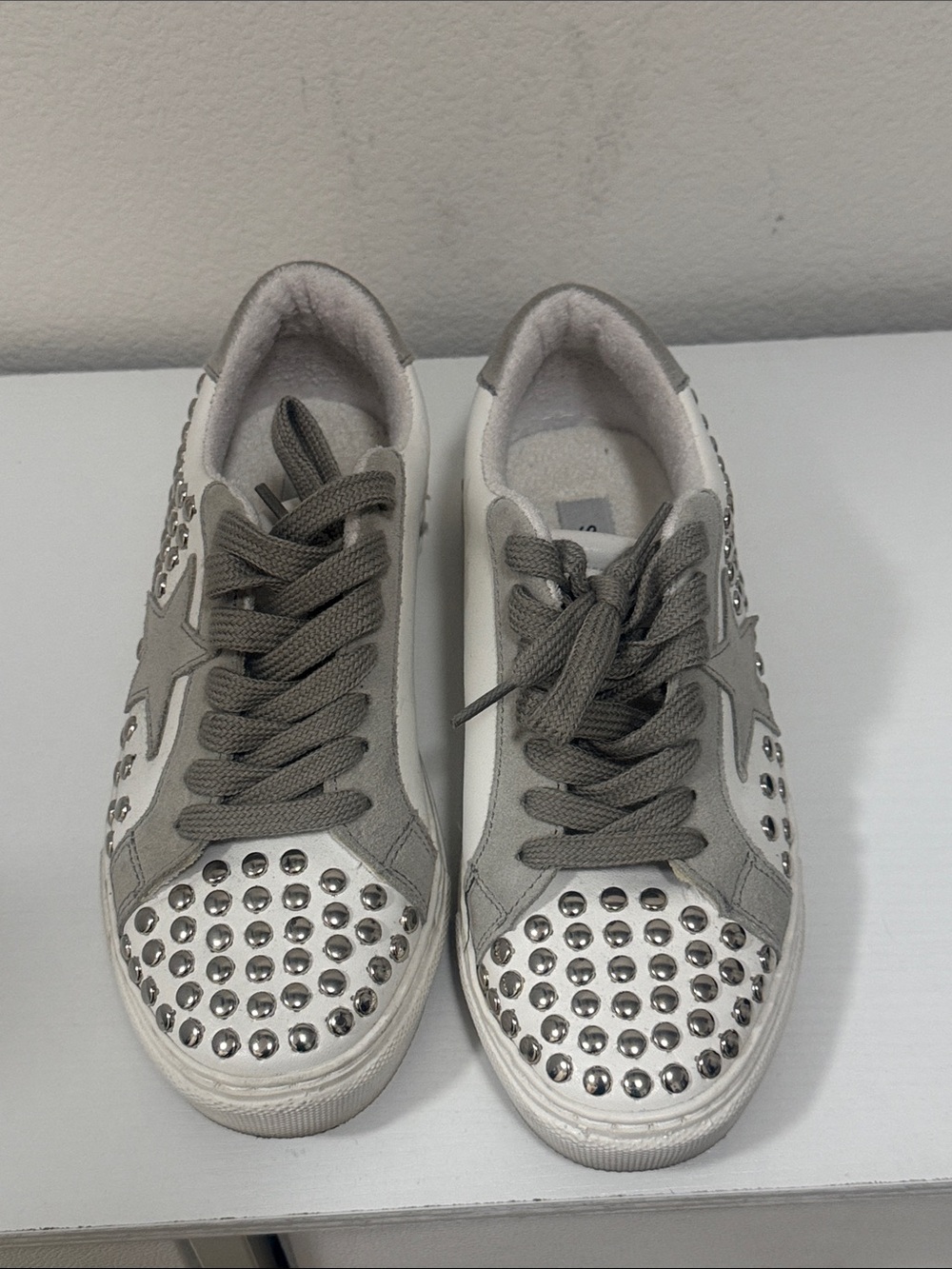 Steve Madden White and Gray Studded Lace-Up Sneakers